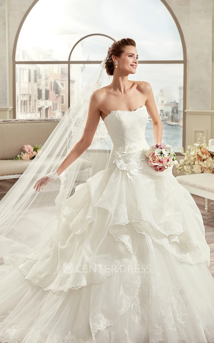 Strapless A-Line Bridal Gown With Asymmetrical Ruffles And Open Back