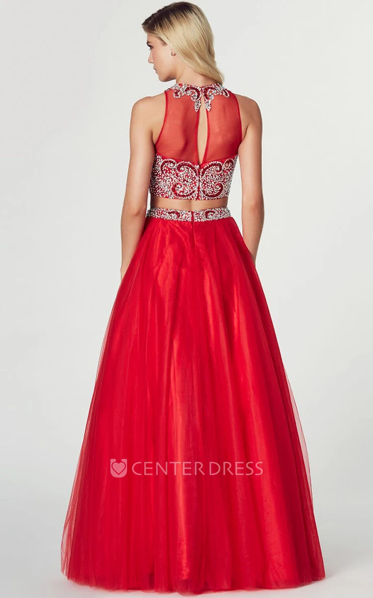 A-Line High Neck Beaded Sleeveless Tulle Prom Dress With Illusion Back