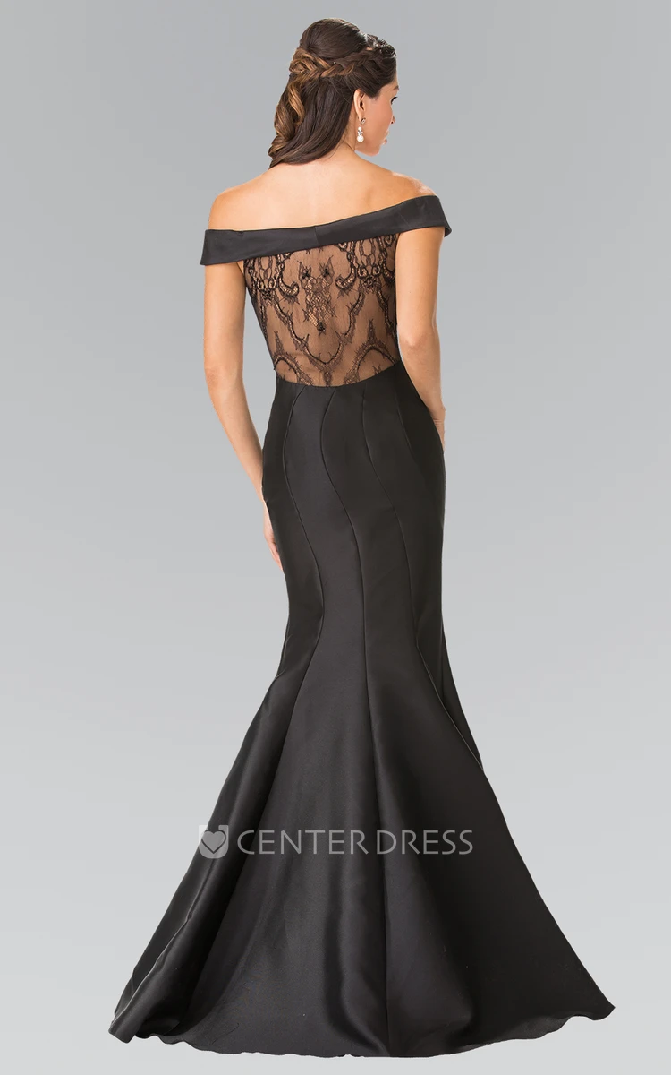 Trumpet Floor-Length Off-The-Shoulder Satin Illusion Dress With Lace