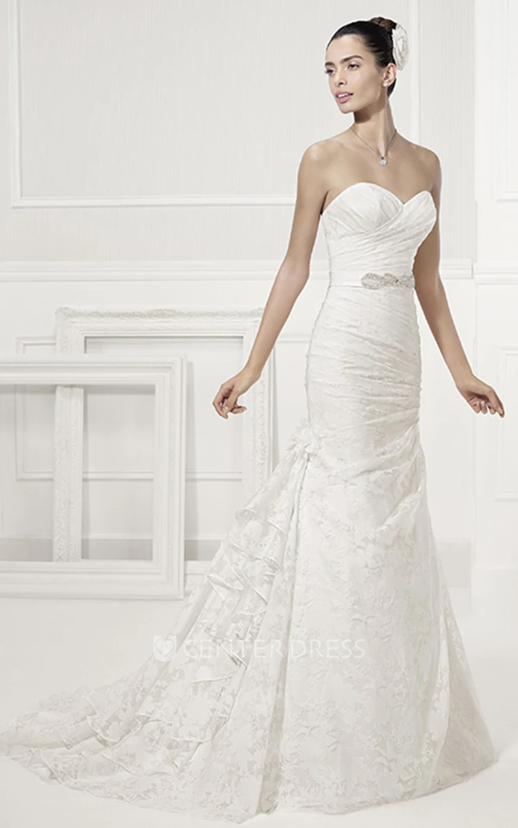 Sweetheart Sheath Lace Bridal Gown With Crystal Waist And Layered Skirt
