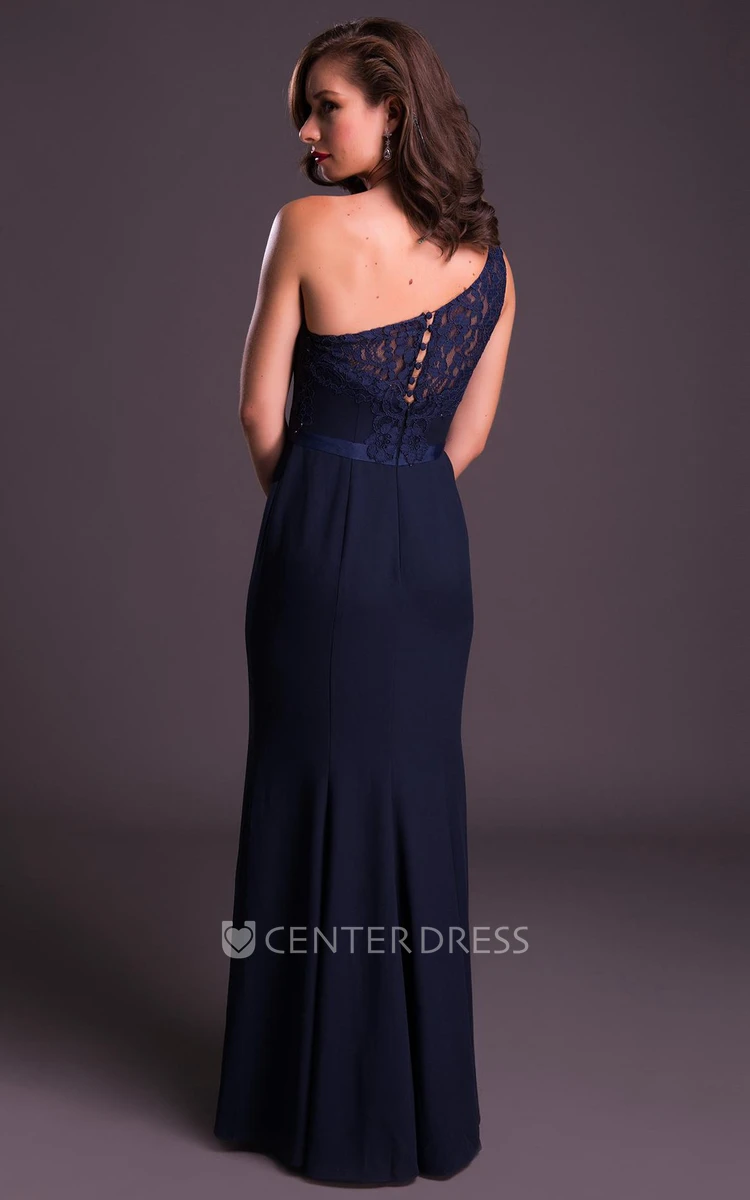 Floor-Length Sleeveless One-Shoulder Appliqued Chiffon Prom Dress