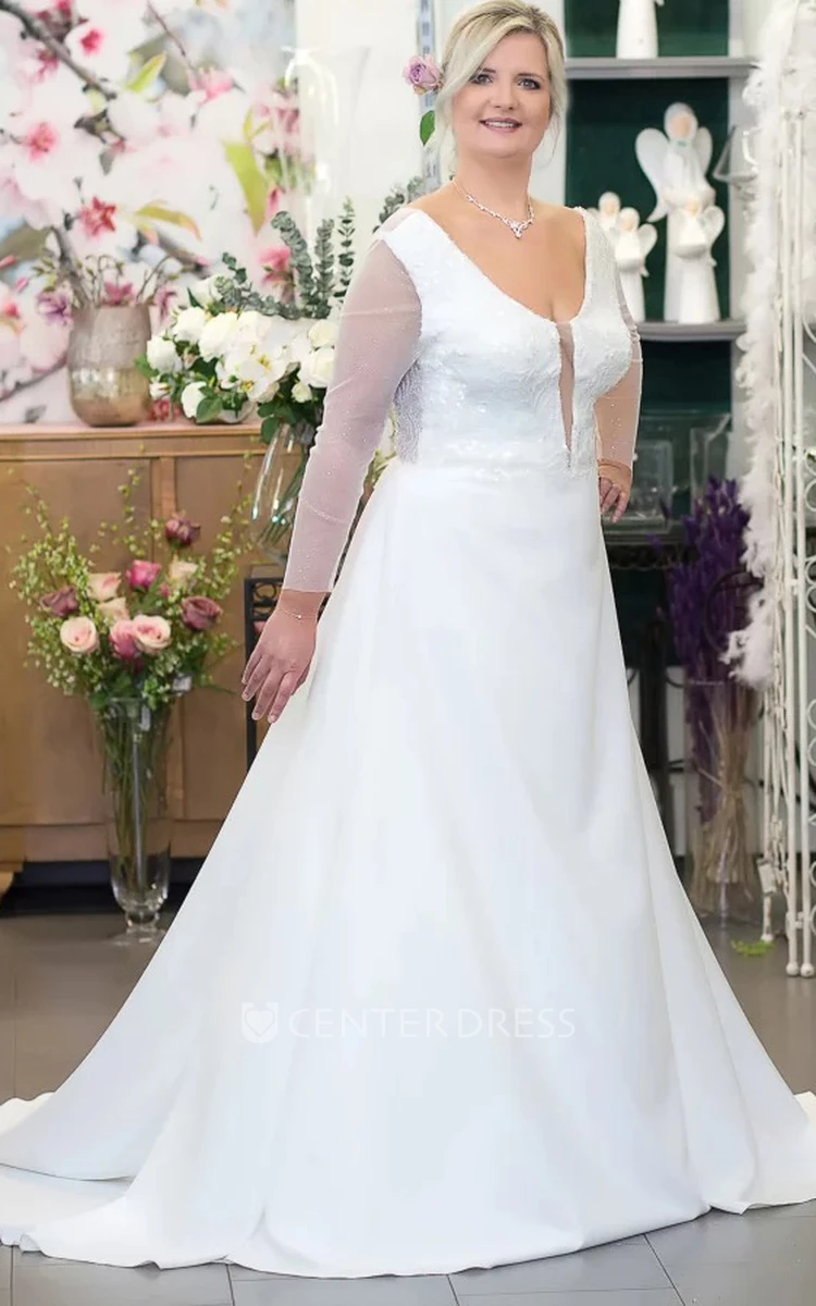 Elegant A Line Long Sleeve Court Train Satin Low-V Back Wedding Dress