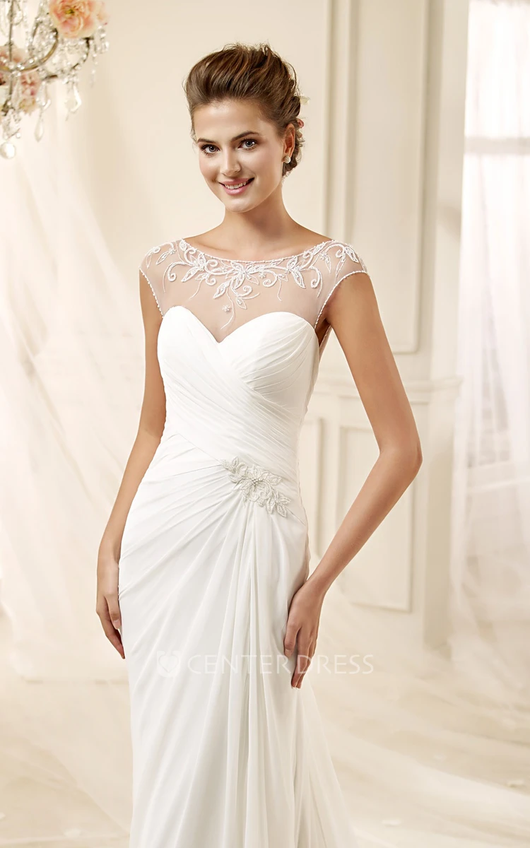 Cap Sleeve Draping Chiffon Wedding Dress With Bandage Waist And Illusive Neckline
