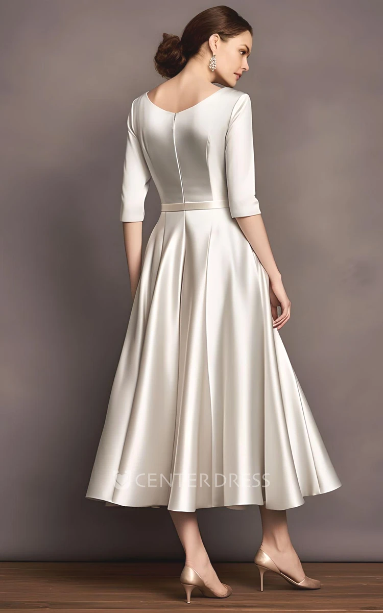 Ethereal A-Line Satin Mother of the Bride Dress Half Sleeve V-neck Modern Tea-length