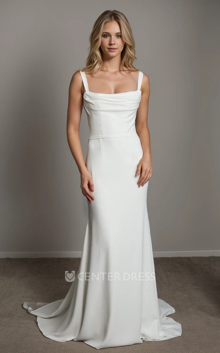 Elegant Solid Sheath Floor-length Satin Wedding Dress Vintage Simple Square Neck Beach Straps Sleeveless Ruching Backless Bridal Gown with Button Sash