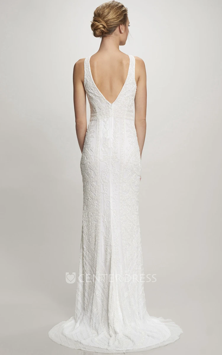 Floor-Length Jewel Lace Wedding Dress With Brush Train And V Back