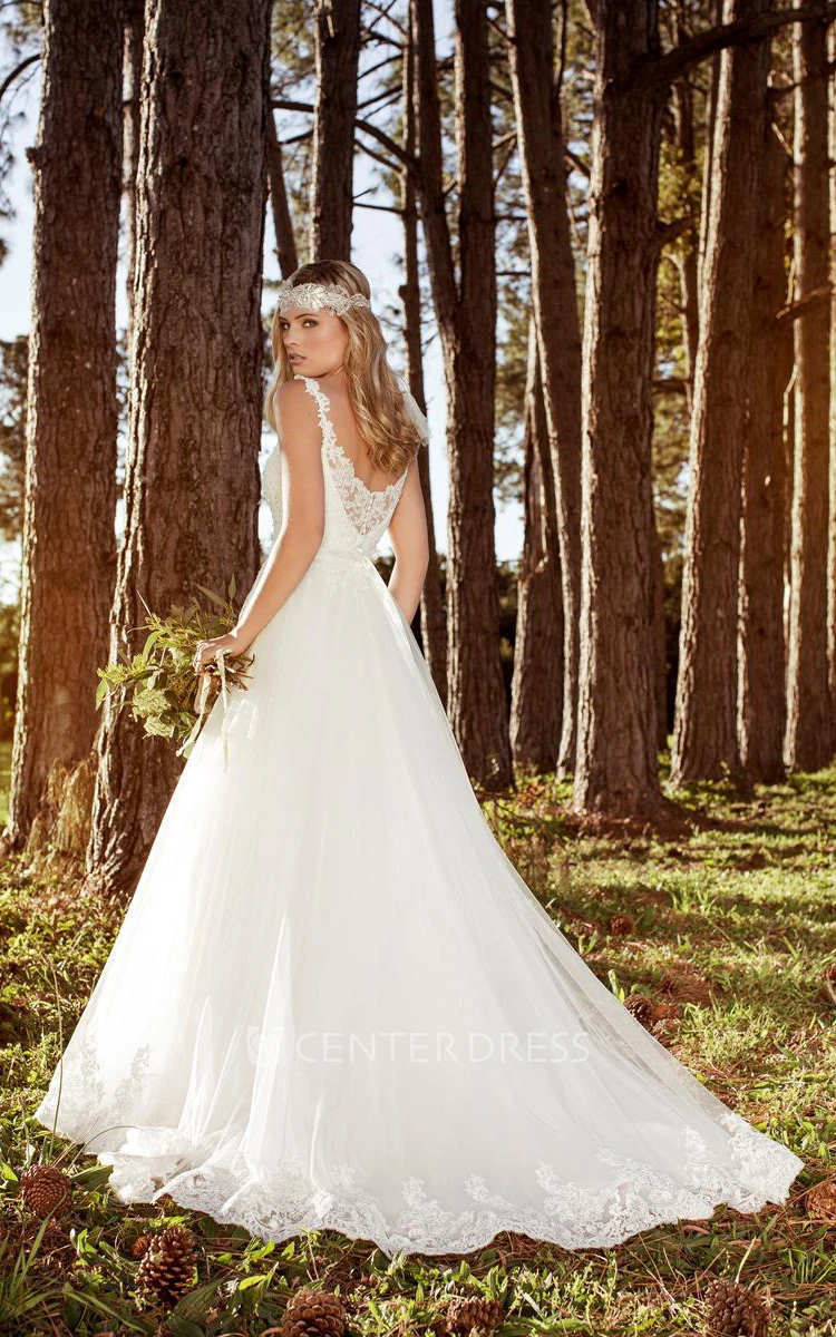 A-Line Sleeveless Long V-Neck Lace Wedding Dress With Appliques And Pleats
