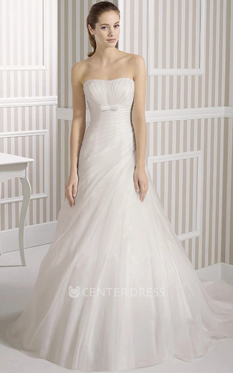A-Line Sleeveless Strapless Floor-Length Side-Draped Tulle Wedding Dress With Cape