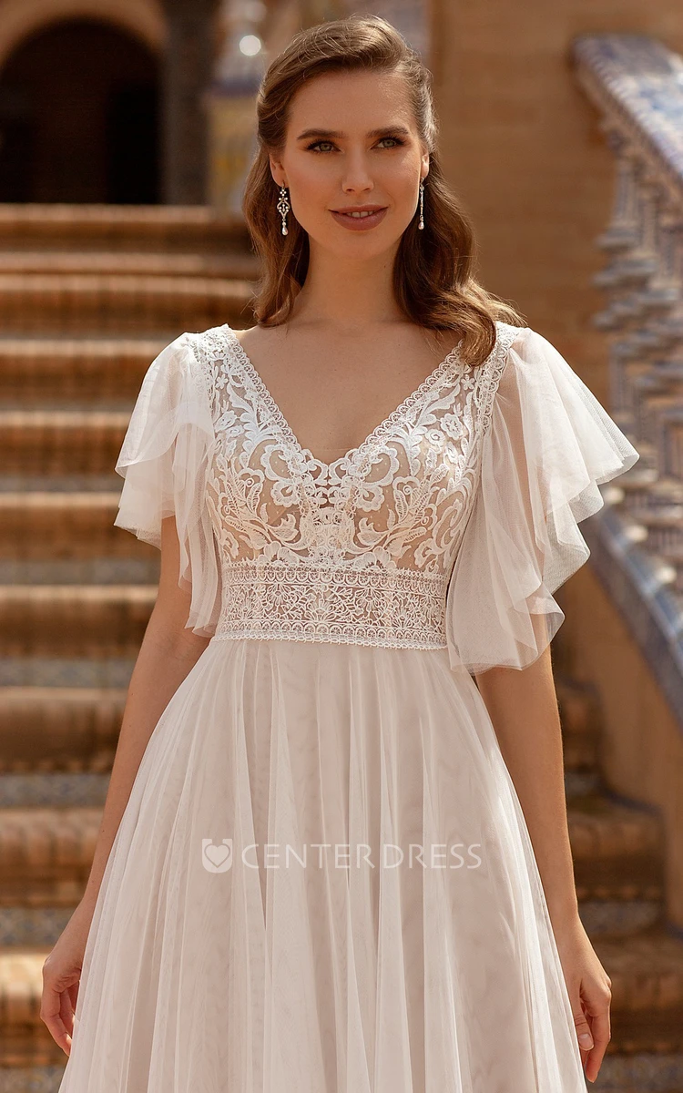 A-Line V-neck Lace Tulle Romantic Wedding Dress with Illusion Sleeve Court Train