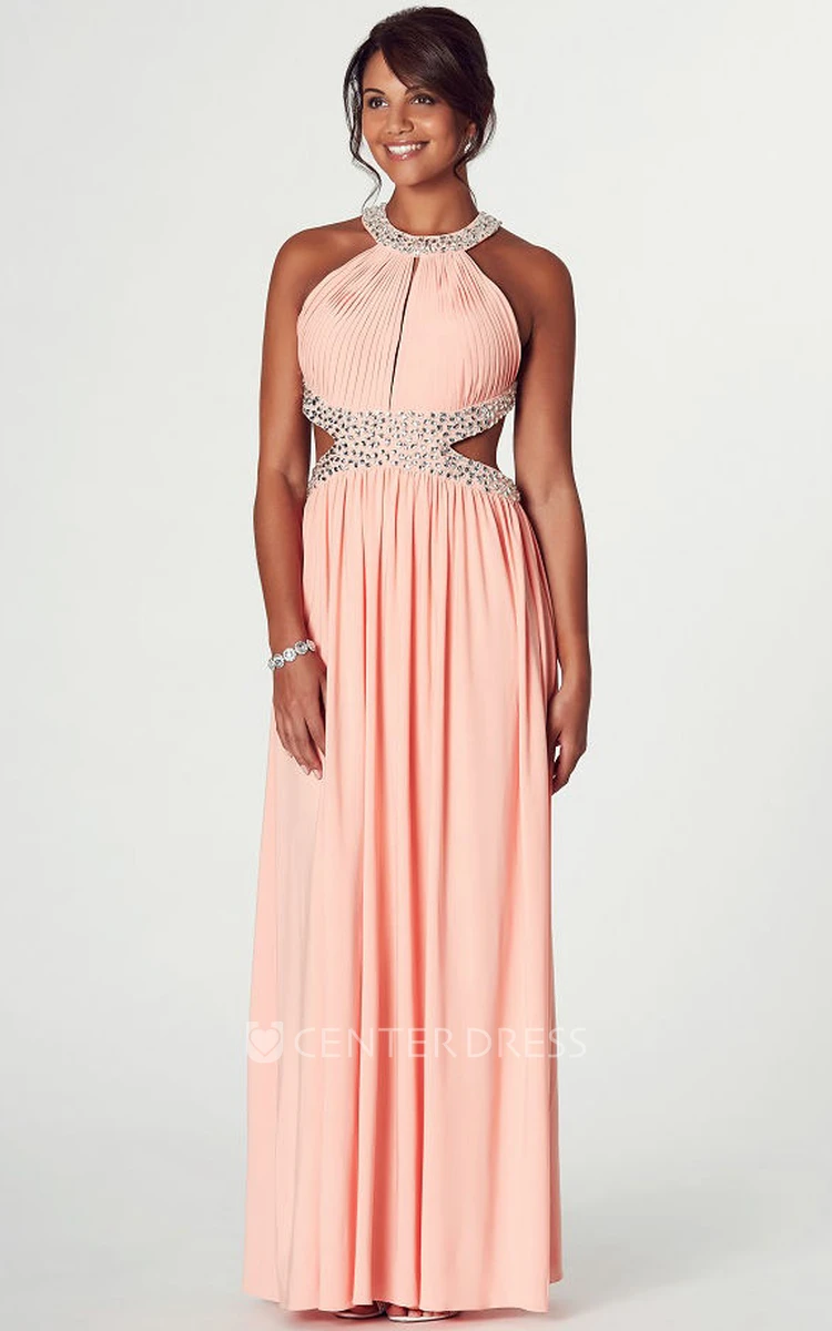 Scoop Neck Sleeveless Ruched Chiffon Prom Dress With Beading And Backless