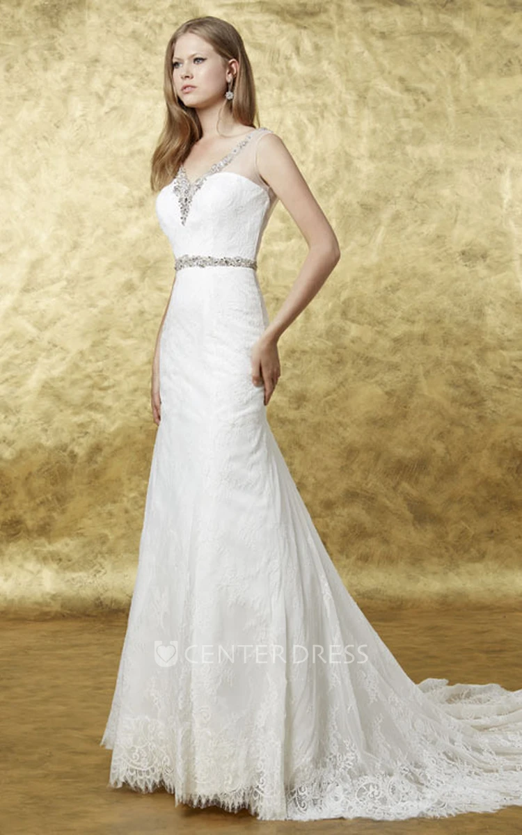 A-Line Beaded Floor-Length V-Neck Sleeveless Lace Wedding Dress With Low-V Back And Waist Jewellery