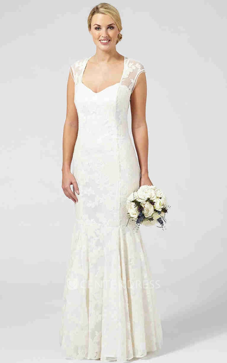Sheath Cap-Sleeve Floor-Length Appliqued Wedding Dress