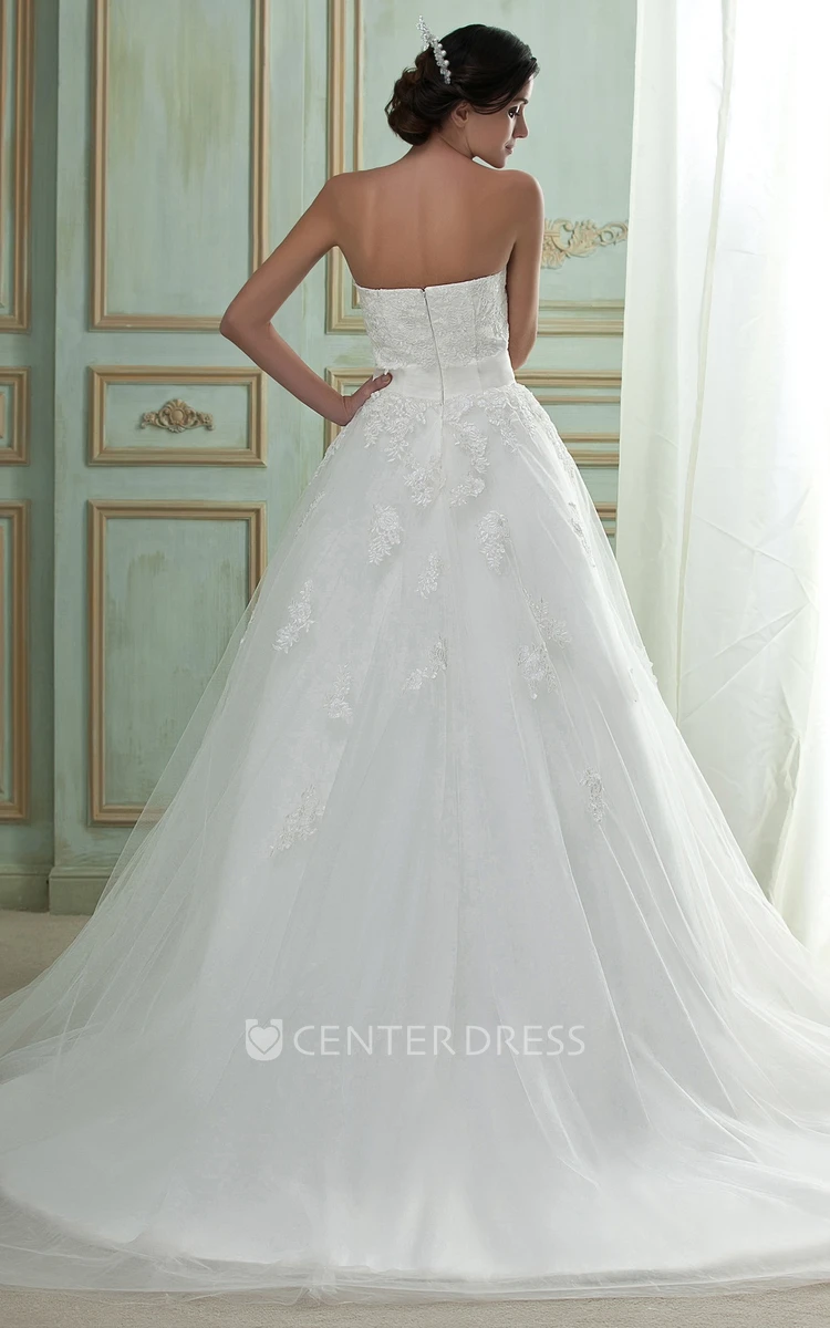 Strapless Lace A-Line Wedding Gown With Lace Bolero and Tulle Overlay