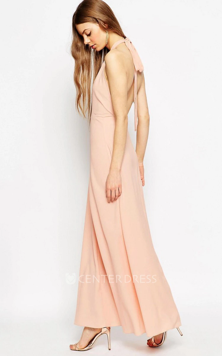 Ankle-Length Sleeveless High Neck Chiffon Bridesmaid Dress With Straps