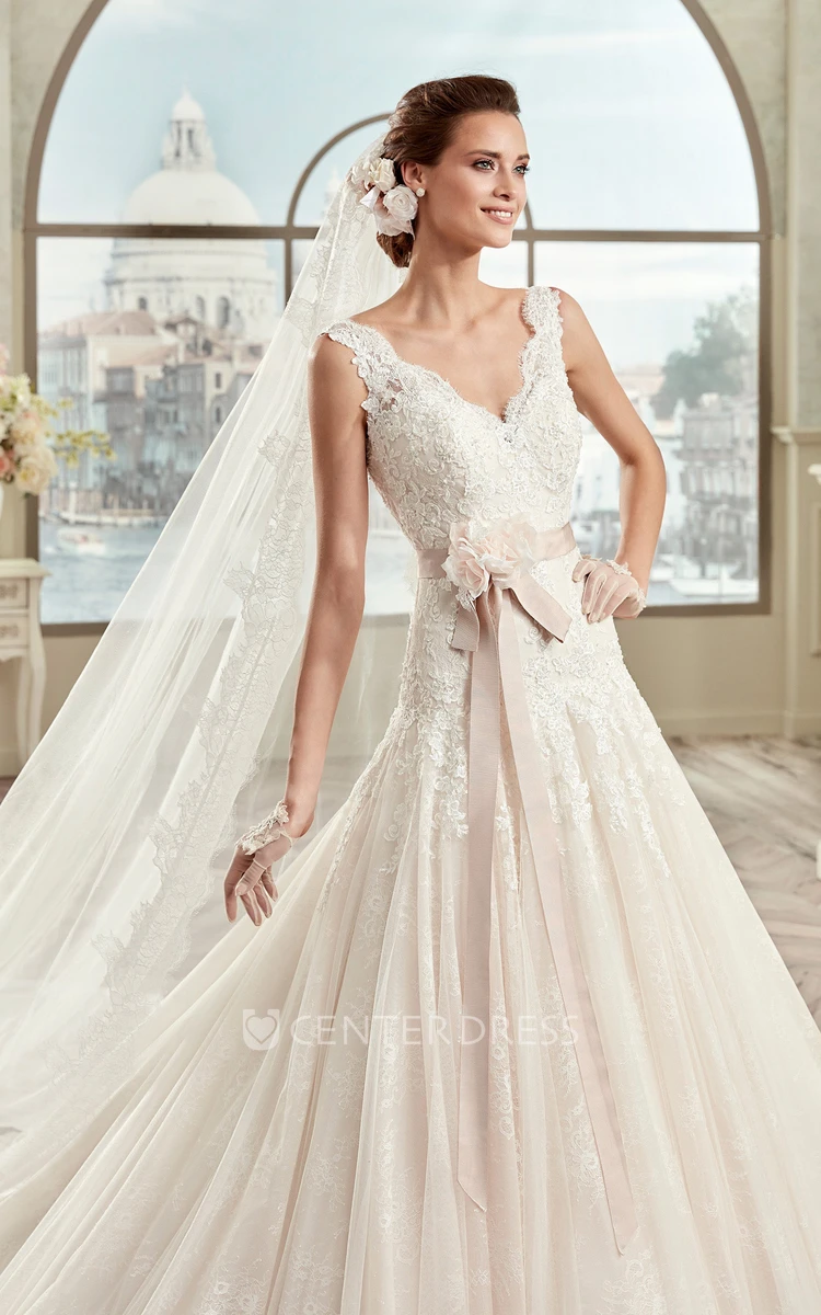 V-Neck Lace Bridal Gown With Floral Sash And Open Back
