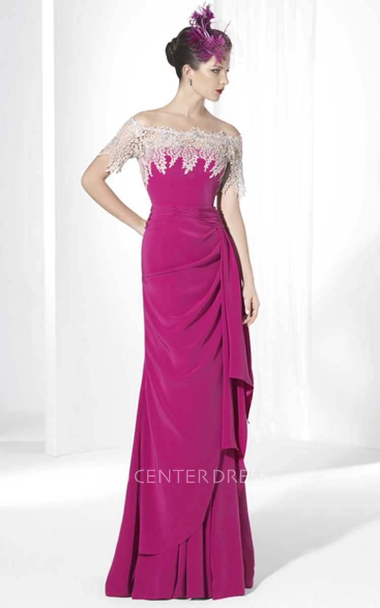 Sheath Short-Sleeve Off-The-Shoulder Side-Draped Maxi Jersey Prom Dress With Appliques