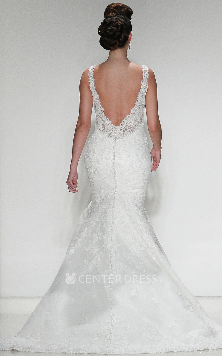 Mermaid Appliqued Sleeveless V-Neck Floor-Length Lace Wedding Dress With Court Train And Deep-V Back