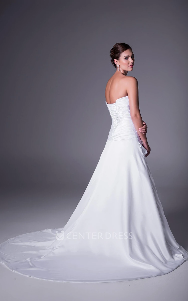 A-Line Strapless Floor-Length Side-Draped Sleeveless Satin Wedding Dress With Appliques