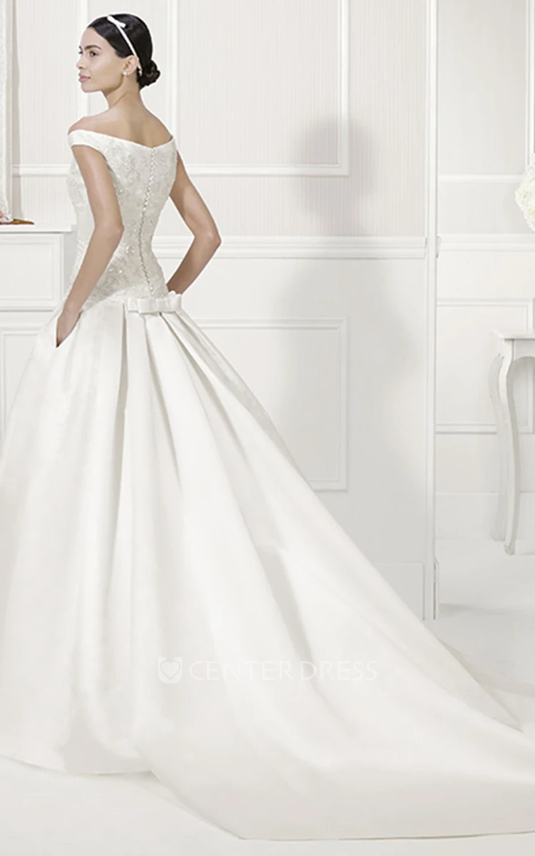 Off Shoulder Drop Waist Satin Bridal Ball Gown With Bow Sash