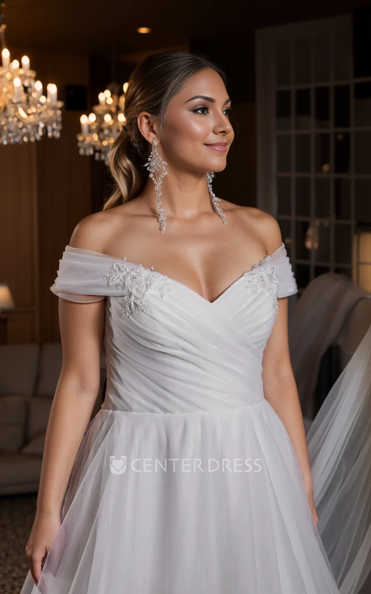 Simple Ethereal Plus Size A-Line Mature Wedding Dress Modern Flowy Off-the-Shoulder Ruffle Beading Ruching Bridal Gown