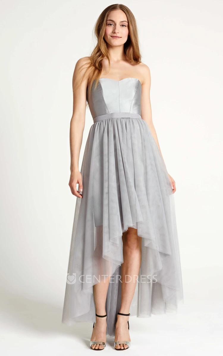 High-Low Strapless Ribboned Tulle Bridesmaid Dress With Pleats
