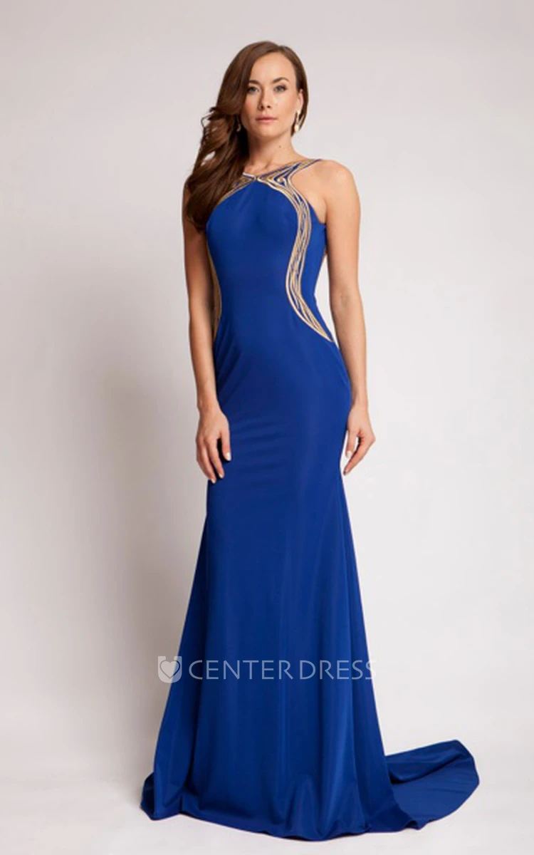 Sheath Floor-Length Scoop Sleeveless Jersey Prom Dress With Backless Style And Sweep Train