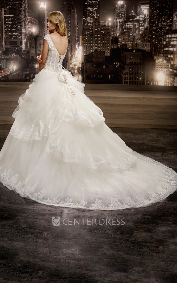 V-neck Floral Cap sleeve Wedding Gown with Lace Corset and Asymmetrical Ruffles and Lace-up Back