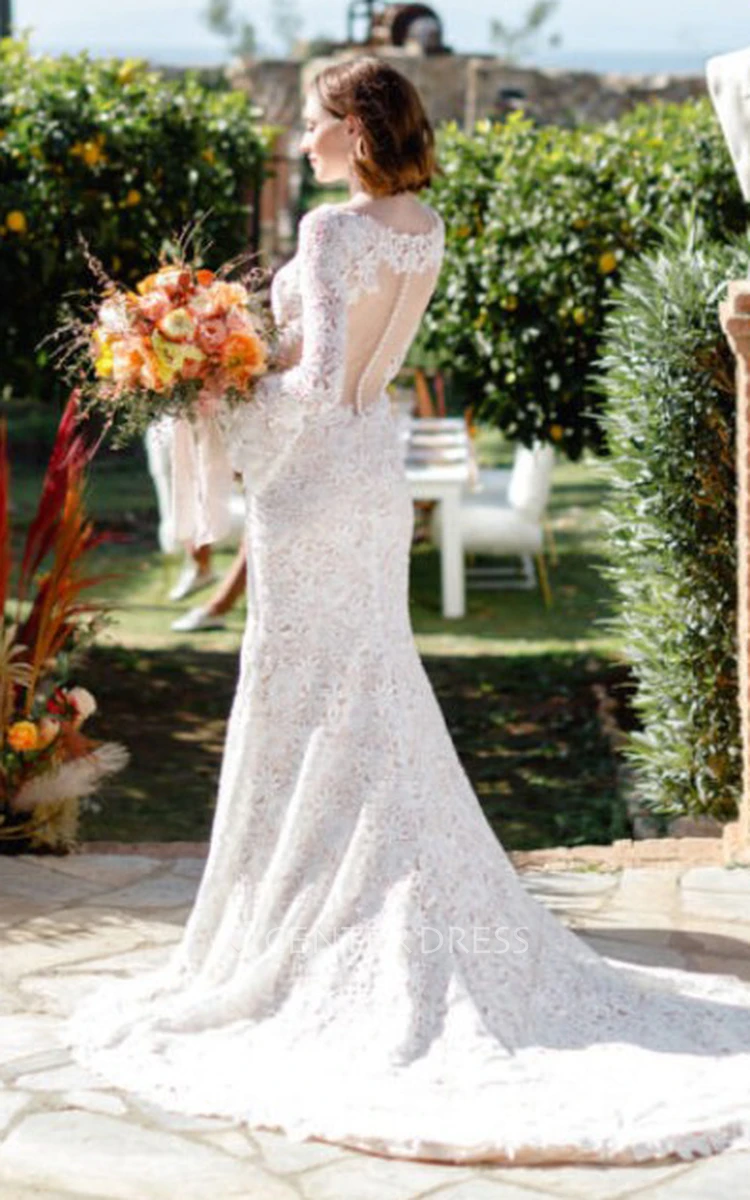 Bohemian Bateau Lace Sheath Beach Wedding Dress with Illusion Back Simple & Elegant