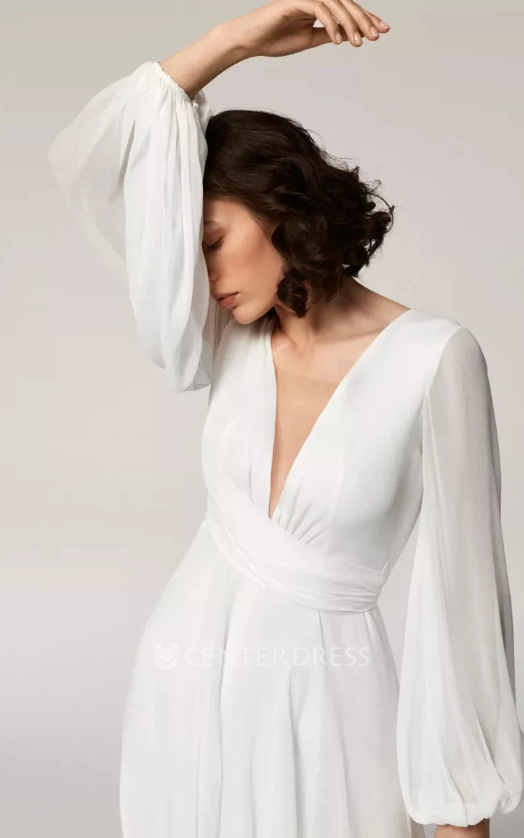 Modern Chiffon 3/4 Length Sleeve Poet A Line Wedding Dress with Ruching