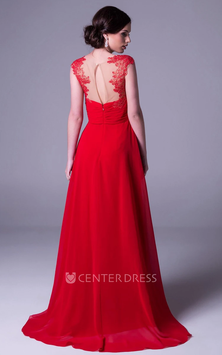 Sheath Empire Floor-Length Cap-Sleeve Appliqued Chiffon Prom Dress With Ruching