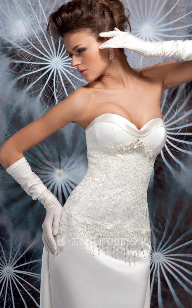 Sheath Floor-Length Beaded Sleeveless Sweetheart Satin Wedding Dress With Lace-Up Back And Bow