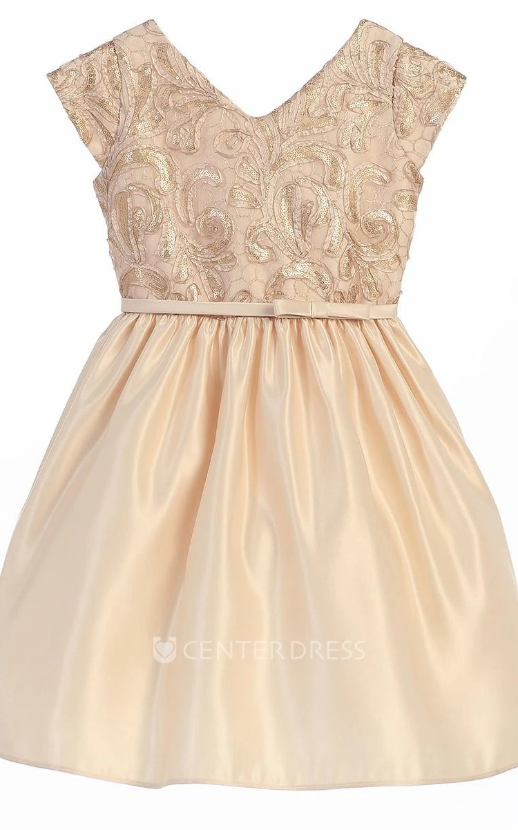 Embroideried Tea-Length Bowed Tiered Sequins&Satin Flower Girl Dress With Sash