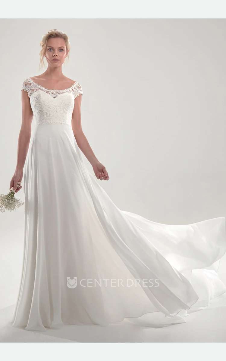 Goregous Chiffon Short Sleeve Chapel Train Wedding Dress