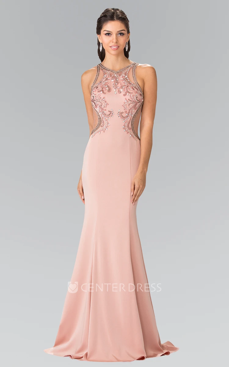 Sheath Scoop-Neck Sleeveless Jersey Illusion Dress With Beading And Sequins
