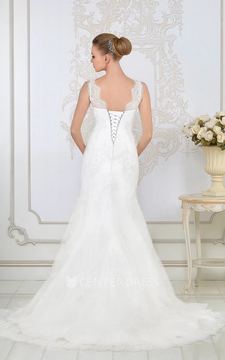 Trumpet Bateau-Neck Appliqued Sleeveless Floor-Length Lace Wedding Dress