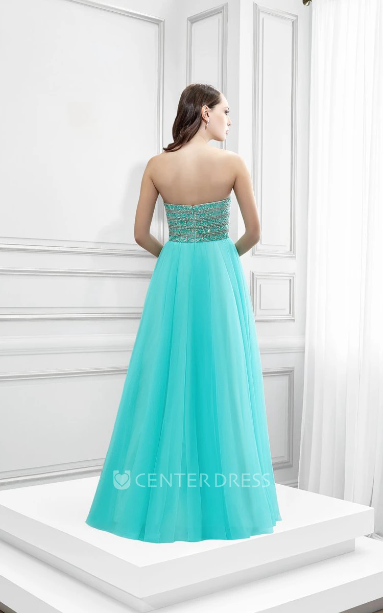 Maxi A-Line Sleeveless Beaded Sweetheart Tulle Prom Dress With Low-V Back