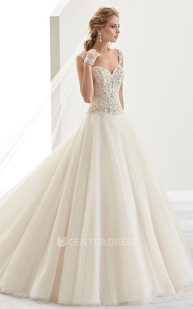 Sweetheart Beaded A-Line Bridal Gown With Open Back And Brush Train