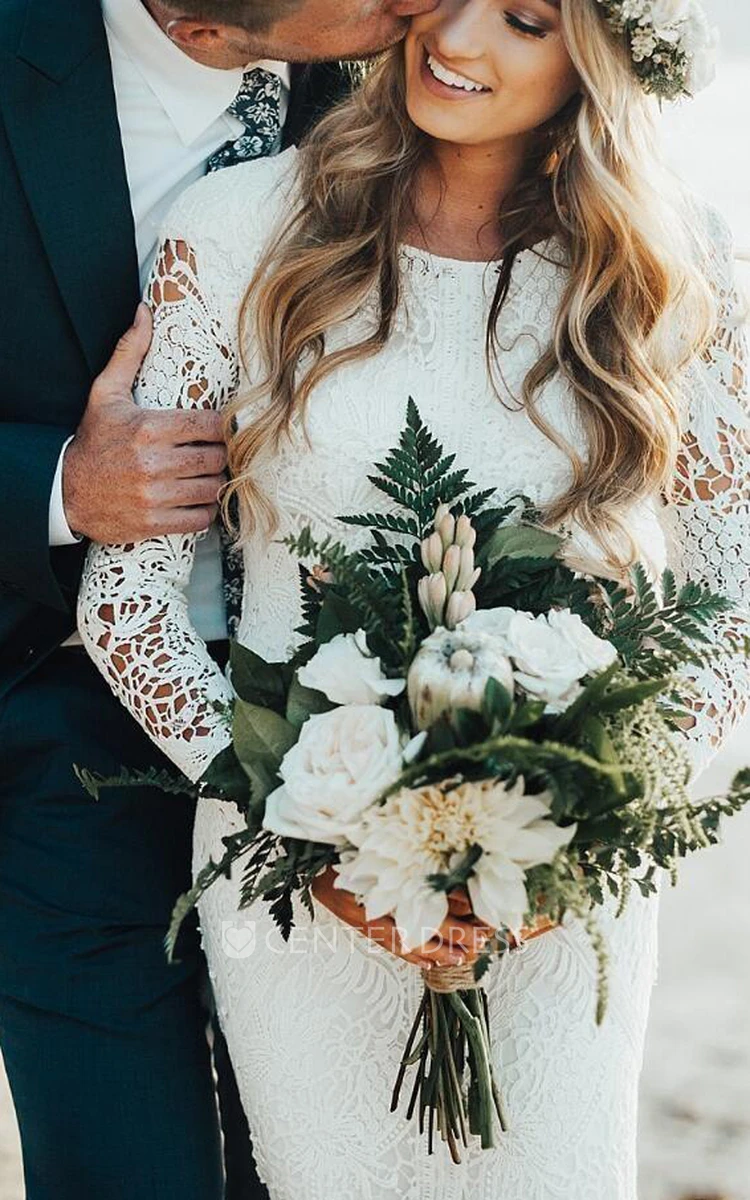Sheath Long Sleeve Jewel Court Train Lace Simple Ethereal Wedding Dress