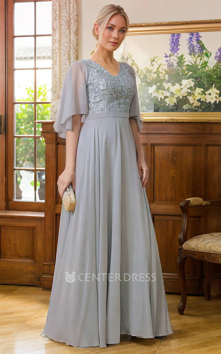 Floor-length A-Line V-neck Appliques Lace Elegant Bat Sleeve Mob Mother of the Bride Dress