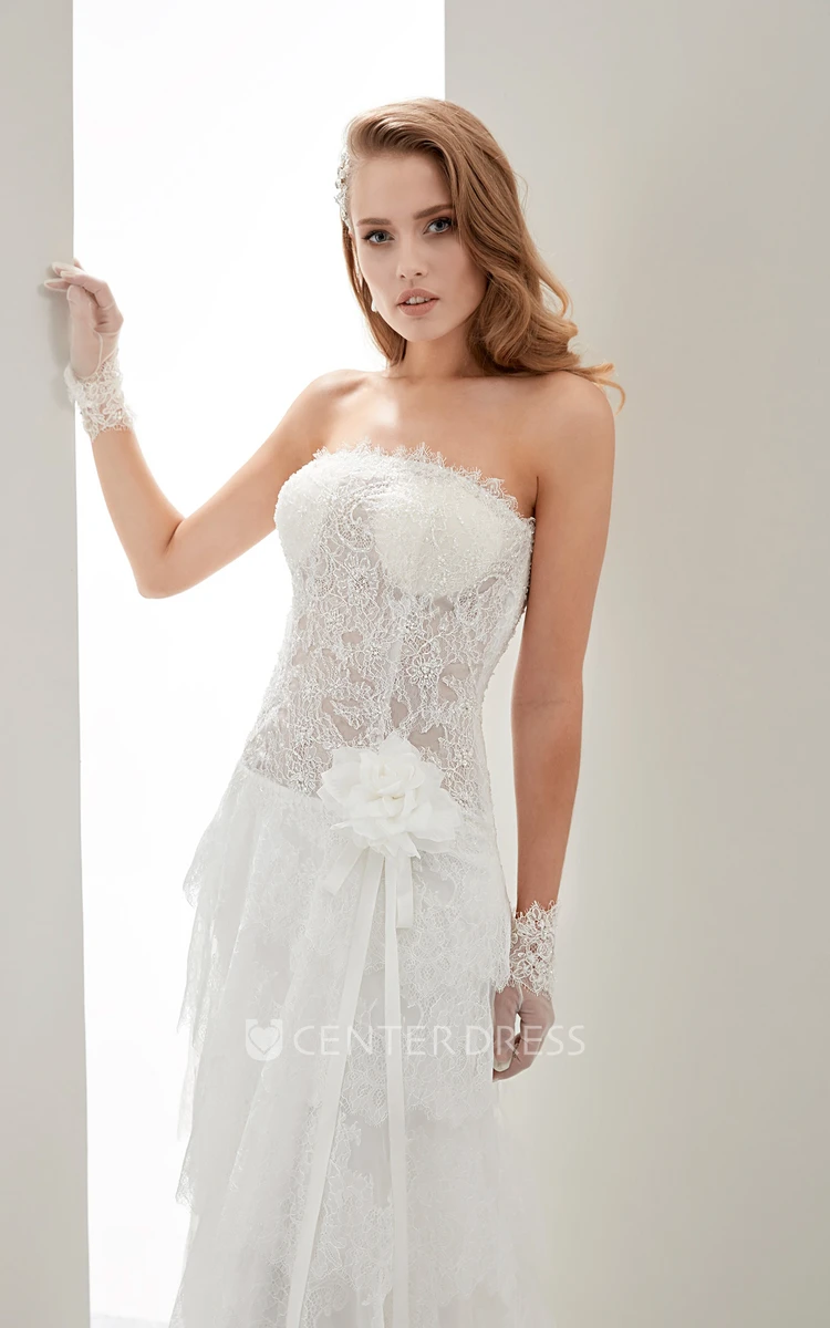 Strapless Flower Draping Wedding Gown with Lace Corset and Side-split Overlayer