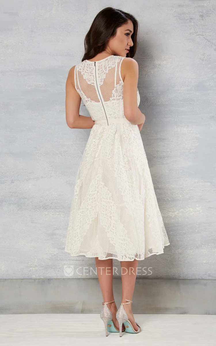 Tea-Length V-Neck Sleeveless Lace Wedding Dress With Illusion Back