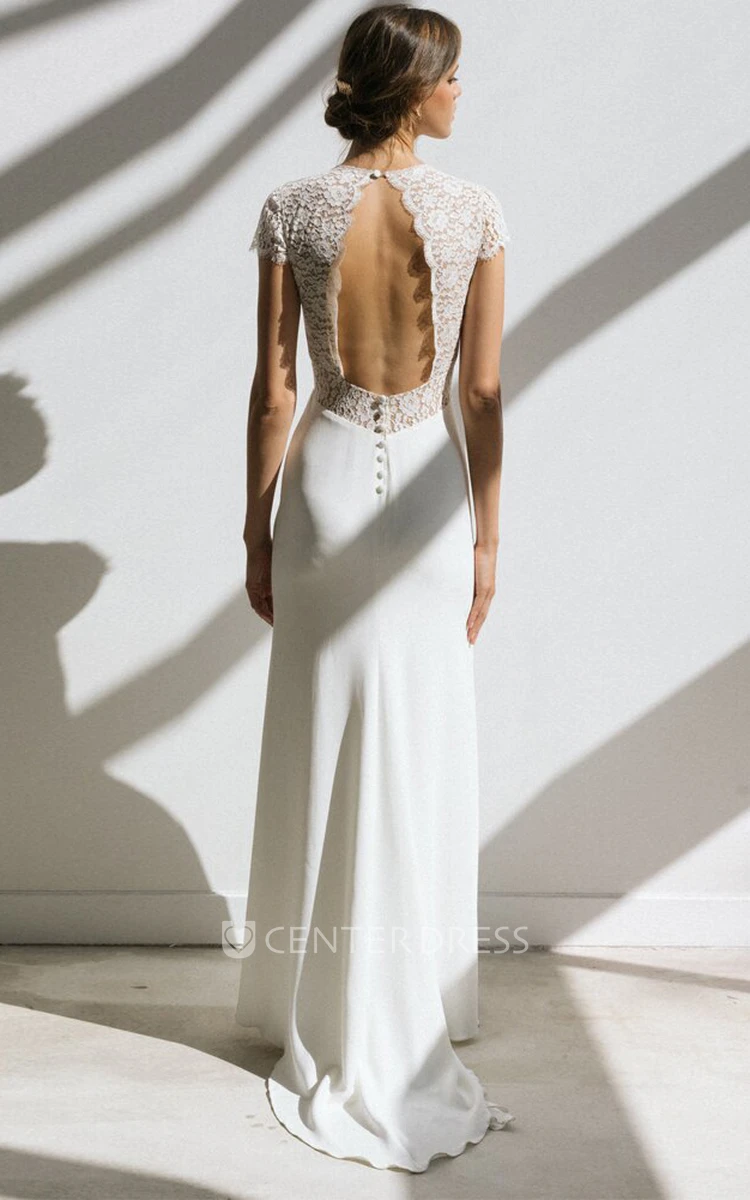 Chiffon V-neck Sheath Empire Short Sleeve Floor-length Open Back Wedding Dress With Lace