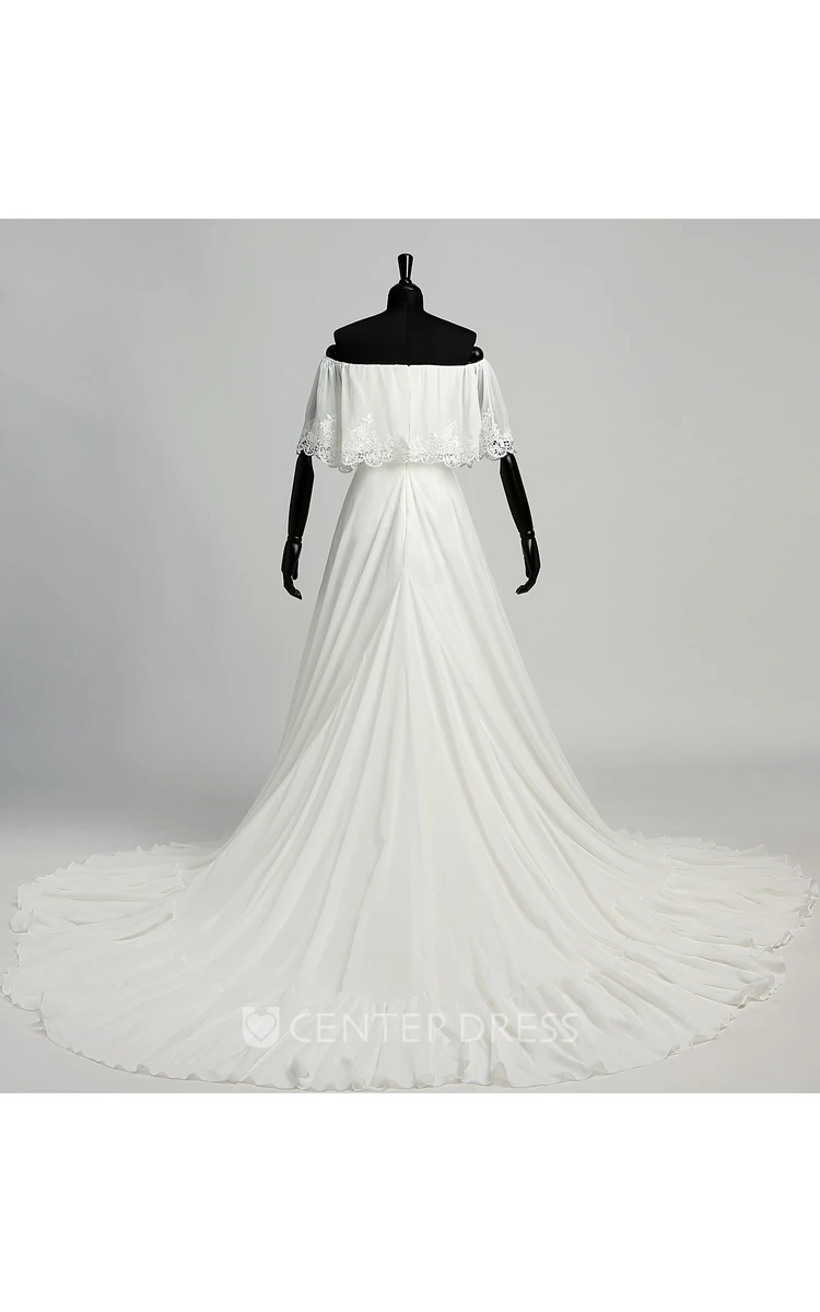 Chiffon A-line Off-the-shoulder Sleeveless Lace Wedding Dress with Pleats and Ruching
