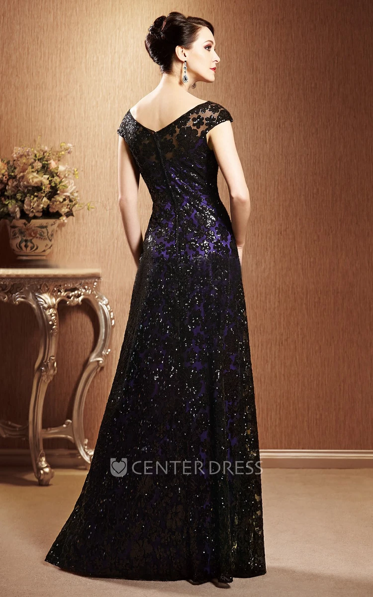 Cap-Sleeved Long Gown With Allover Sequins And V-Back