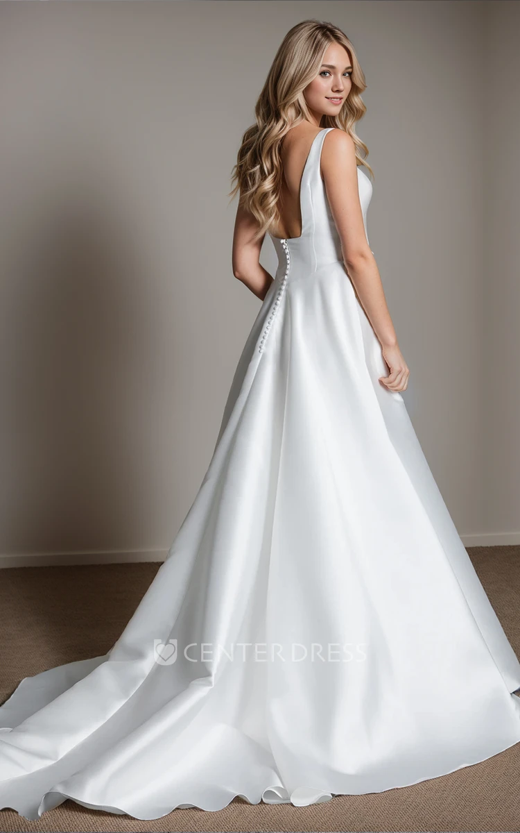 Simple Solid Square Straps Neck A-Line Floor-length Satin Wedding Dress Modern Elegant Sleeveless Draping Pleats with Train Zipper Back with Button Bridal Gown