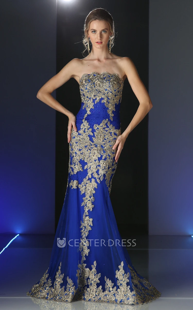 Sheath Long Strapless Sleeveless Backless Dress With Appliques And Beading