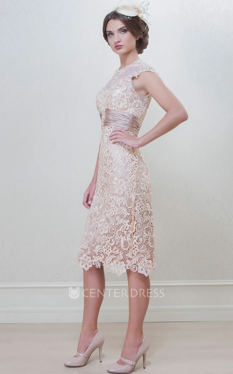 Pencil Knee-Length High Neck Appliqued Cap Sleeve Lace Mother Of The Bride Dress