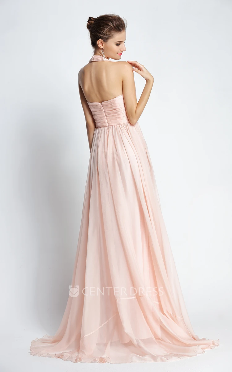 Floor-length Sweep Brush Train Sleeveless A-Line Halter Chiffon Prom Dress with Appliques and Beading