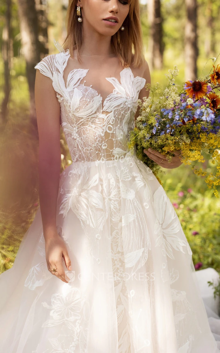 Sexy Sleeveless A-Line Tulle Wedding Dress With Bateau Neckline And Illusion Back