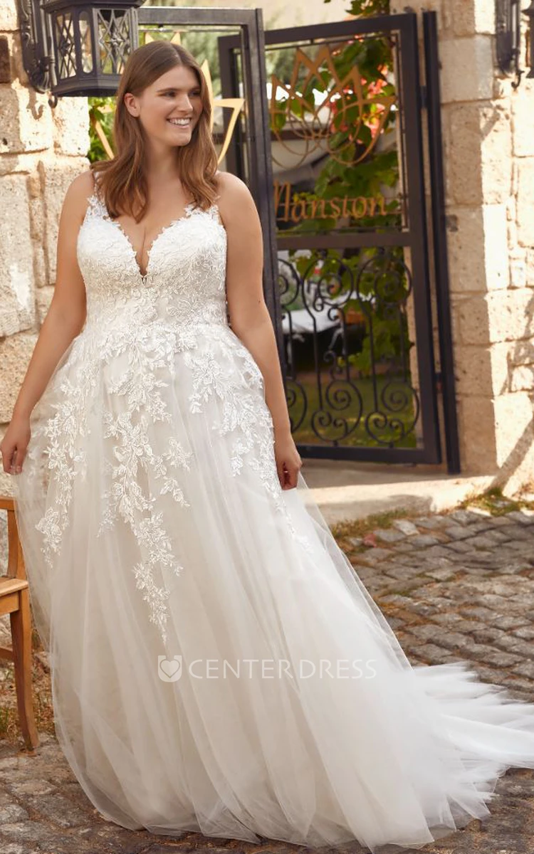 Romantic Lace Brush Train Sleeveless A Line V-neck Wedding Dress with Appliques